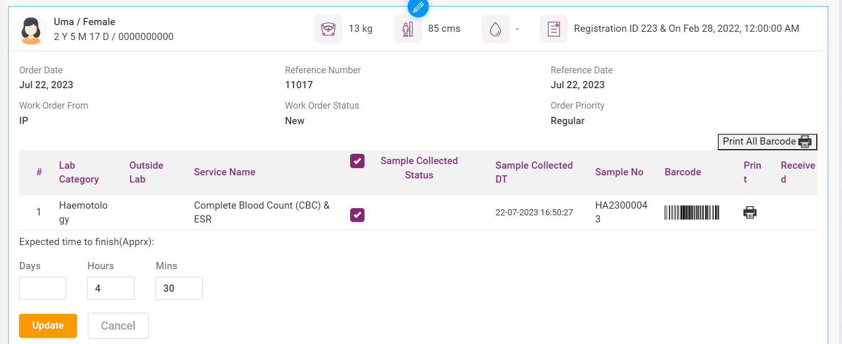 LIMS Sample collection