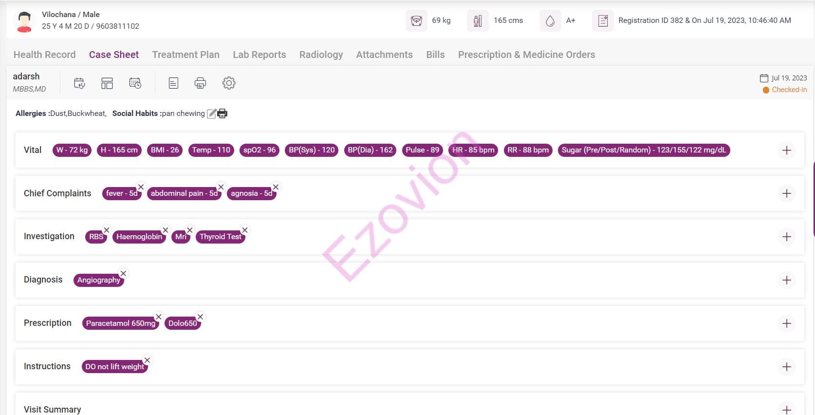 Electronic Health Record case sheet