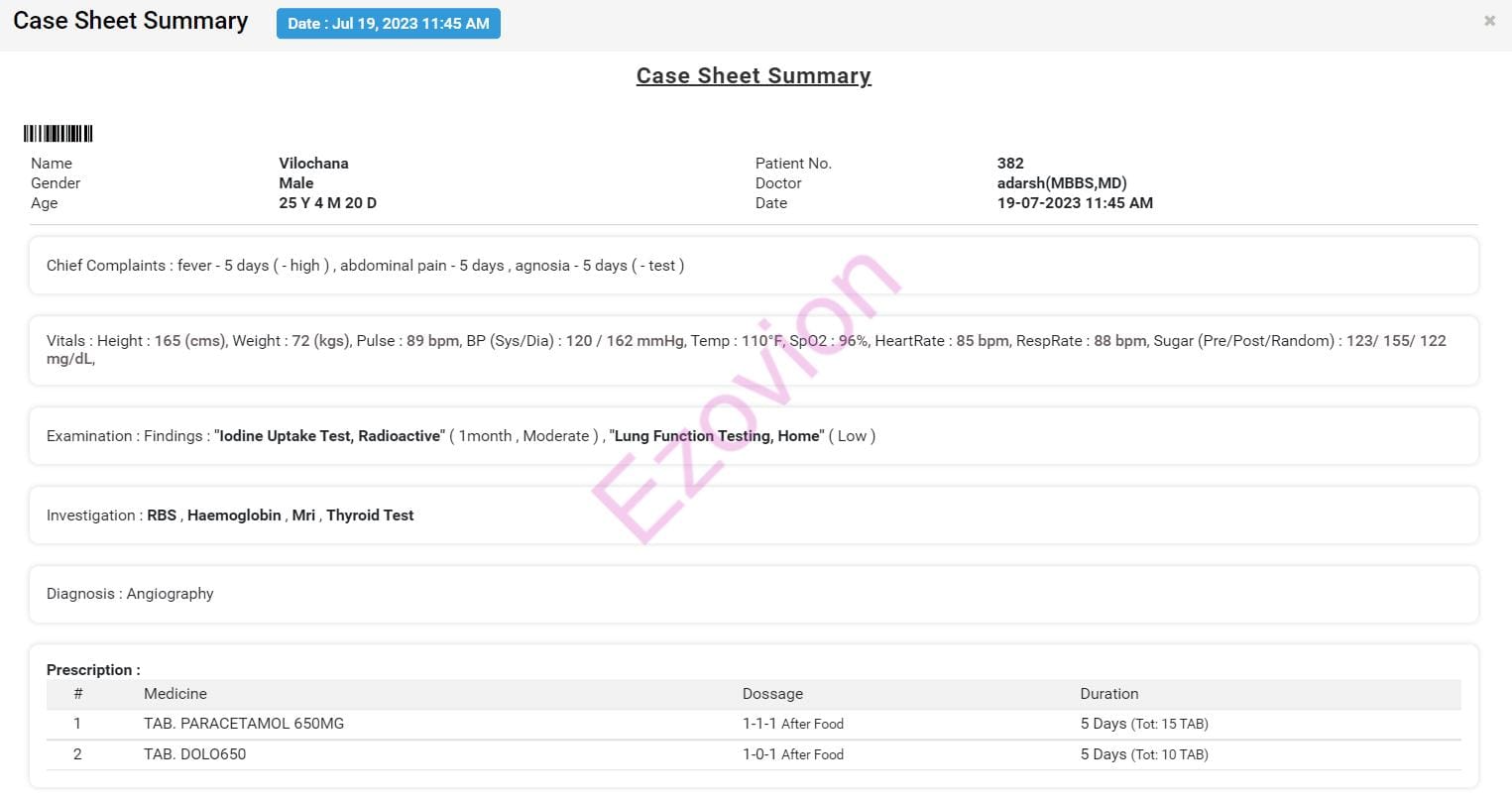 EHR Case sheet summary