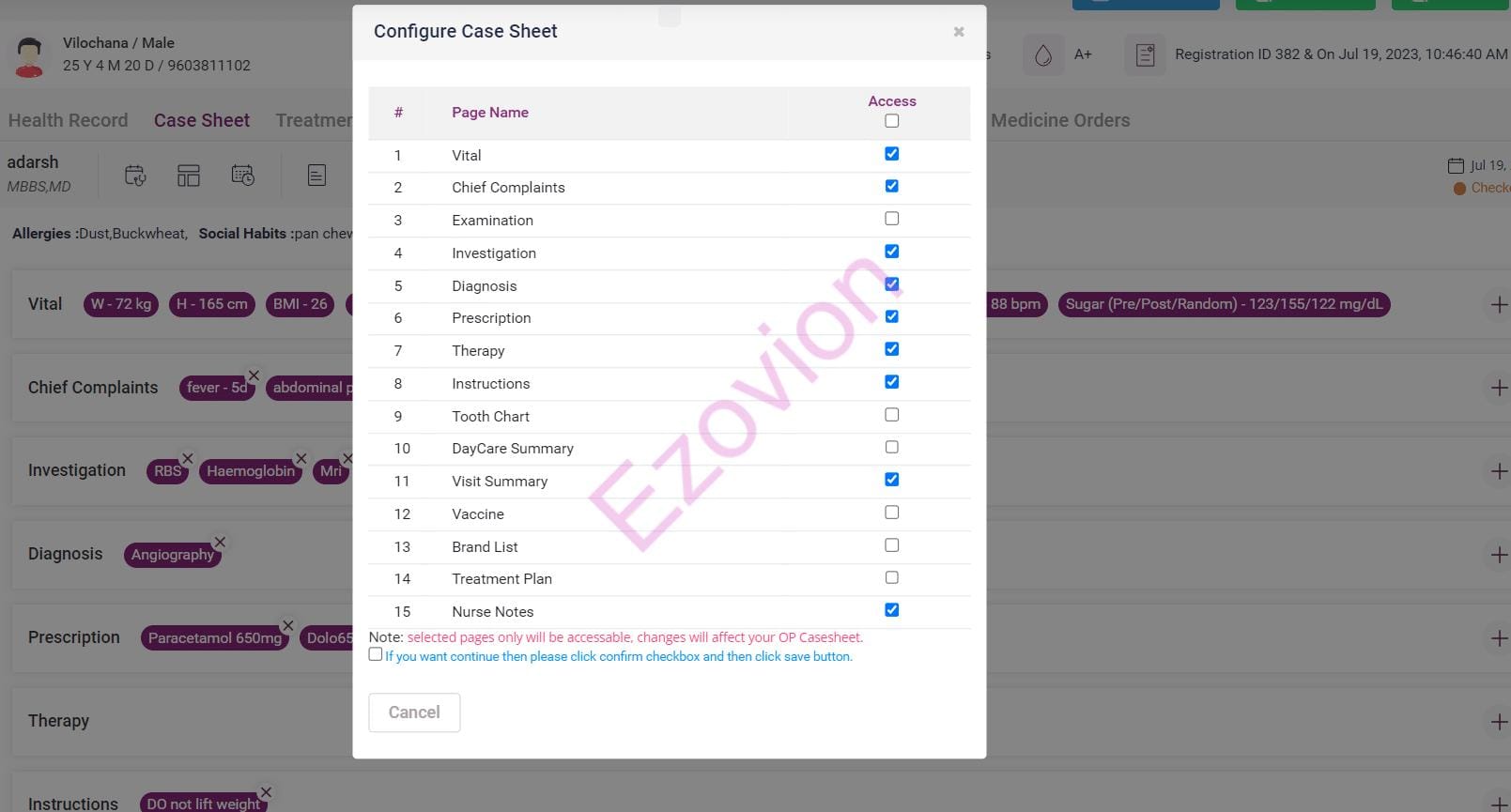 Electronic Health Record case sheet
